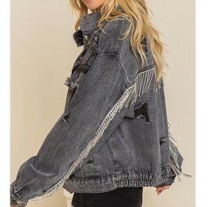 POL Crystal Fringe Jean Distressed Gray Jacket